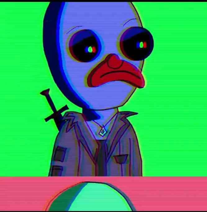 A stylized, glitchy cartoon illustration of a sad duck character wearing a jacket with a sword on its back and a necklace, set against a bright green background.