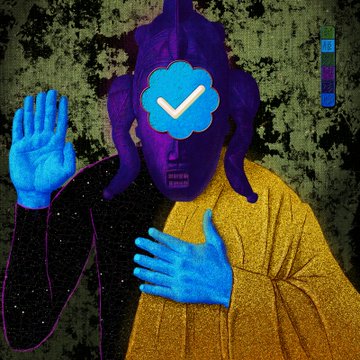 A vibrant digital artwork of a purple humanoid figure with blue hands, wearing a yellow and black garment, with a blue flower icon obscuring its face against a textured green background.