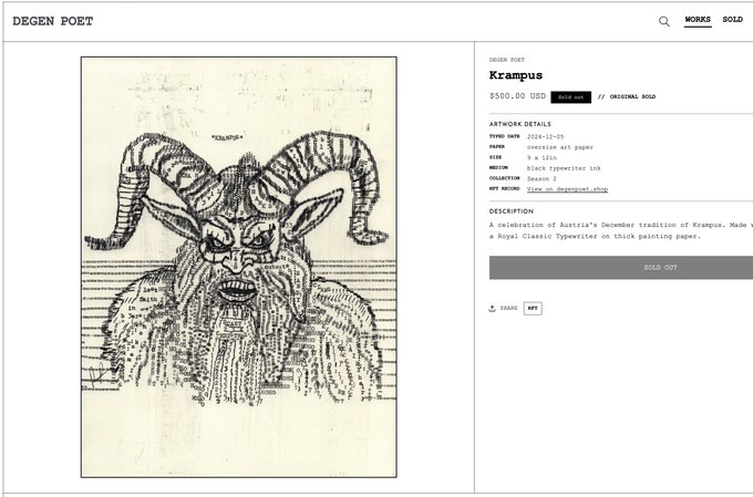 A NFT marketplace listing on Degen Poet for 'Krampus' artwork ($500.00 USD, SOLD OUT), described as 'A celebration of Austria's December tradition of Krampus' created on 2024-12-05 using a Royal Classic Typewriter.