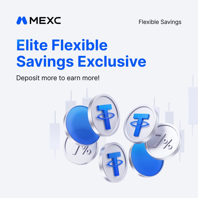 A MEXC "Elite Flexible Savings Exclusive" promotional graphic featuring the tagline "Deposit more to earn more!" alongside blue and silver coins displaying the "T" Tether symbol and "1%" percentage markings, illustrating the post's announcement of tiered APRs for VVIPs based on deposit size at s.mexc.com/earn/jVG3bBwR.