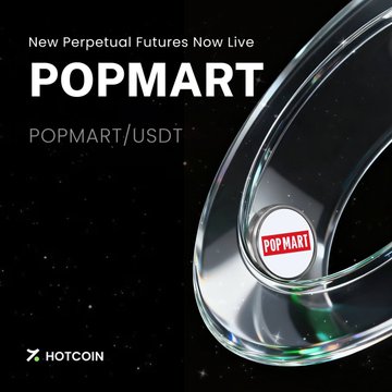 The image is a promotional graphic for Hotcoin announcing the launch of POPMART/USDT perpetual futures with up to 25× leverage, featuring the POP MART logo displayed on a clear glass-like sphere against a dark cosmic background. The accompanying post highlights POP MART's strong financial growth, including RMB 13.04B in 2024 revenue (+106.9% YoY) and projected RMB 37.12B in 2025, emphasizing the brand's expanding market presence alongside its new derivatives listing.