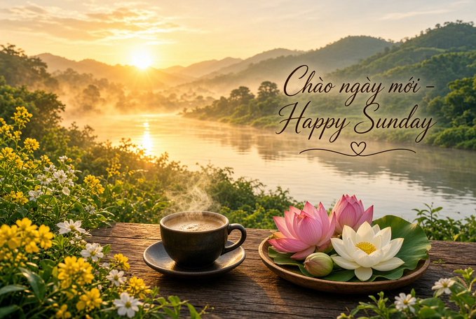 A serene sunrise over a misty river with mountains, featuring a cup of steaming coffee and pink lotus flowers on a wooden table, with the text "Chào ngày mới - Happy Sunday" displayed.