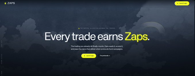 A website header for 'ZAPS' displays the tagline 'Every trade earns Zaps.' with text describing the platform as a capital allocator network for traders.