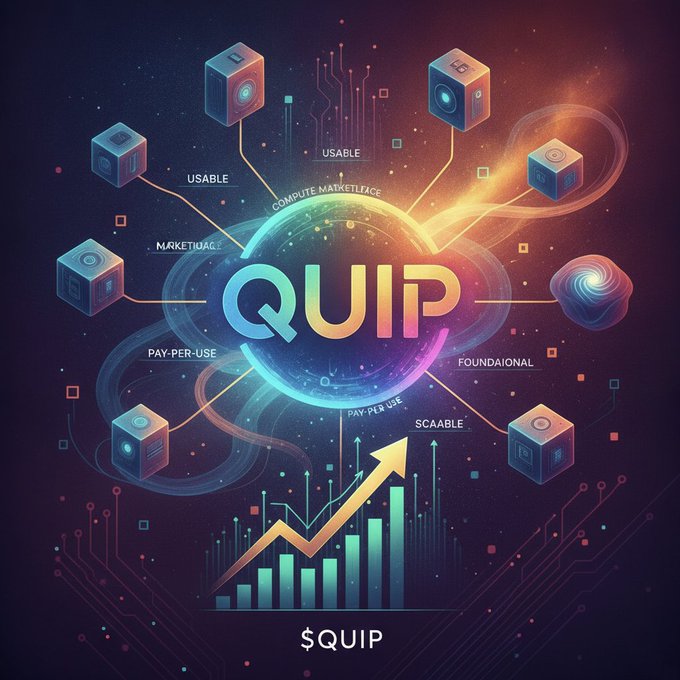 A cosmic-themed digital illustration showcases the "QUIP" token at its glowing center, surrounded by labeled nodes such as "USABLE," "COMPUTE MARKETPLACE," "PAY-PER-USE," and "FOUNDATIONAL," with an upward-trending bar chart and "$QUIP" displayed at the bottom. The imagery visually reinforces the post's message by framing Quip Network as a functional, scalable compute marketplace rather than just speculative quantum hype, emphasizing real-world usability and growth potential.