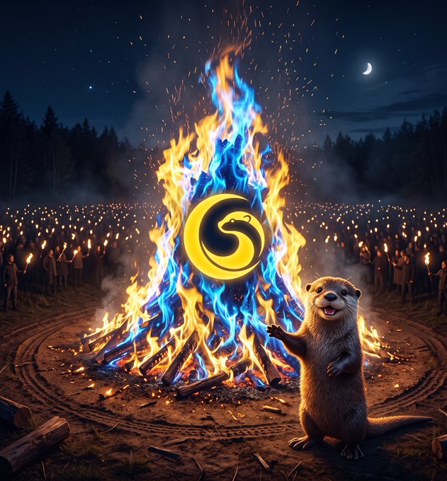 A digital artwork showing a beaver standing next to a large bonfire with a yellow yin-yang style symbol floating in the flames, surrounded by a crowd holding torches at night.