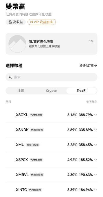 A screenshot of a Chinese cryptocurrency app interface titled '雙幣贏' (Dual Currency Win) showing options like '高收益' (High Yield) and 'VIP 收益加成' (VIP Yield Boost), listing TradFi options with tokens like XSOXL, XSNDK, XMU, XSPCX, XMRVL, and XINTC alongside their APY ranges.