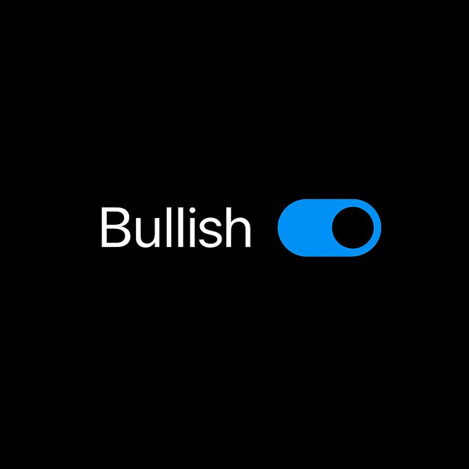 A logo display for "Bullish" featuring white text alongside a blue toggle switch icon on a black background.