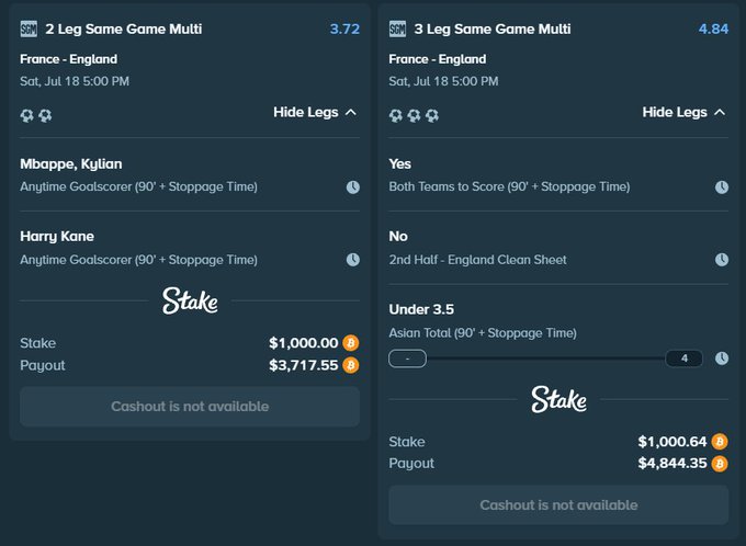 The image shows two Same Game Multi bets on Stake for the France vs. England match on Saturday, July 18 at 5:00 PM — a 2-Leg Multi ($1,000 stake, $3,717.55 potential payout) betting on Mbappé and Harry Kane as anytime goalscorers, and a 3-Leg Multi ($1,000.64 stake, $4,844.35 potential payout) on Both Teams to Score, England Clean Sheet (2nd Half: No), and Under 3.5 Asian Total, directly illustrating the pre-match bets referenced in the post.