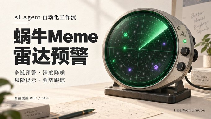 A promotional graphic displays a green radar screen device with Chinese text including 'AI Agent 自动化工作流' and '蜗牛Meme 雷达预警', along with phrases like 'Better Memes, Brighter Signals' and 't.me/WoniuTuGou'.