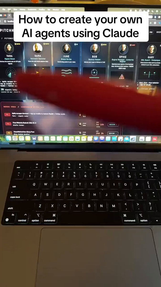 The image shows a laptop screen displaying an AI agent named Claude, which is used by a company for various tasks such as scanning social media platforms like Twitter and posting content on LinkedIn. The AI agent has been trained to identify pain signals from these platforms and convert them into cold emails that can be sent out to potential clients. The image also includes text that provides instructions or guidance on how to create an AI agent using Claude, which could involve inputting data about the company's employees and their roles in the process.
