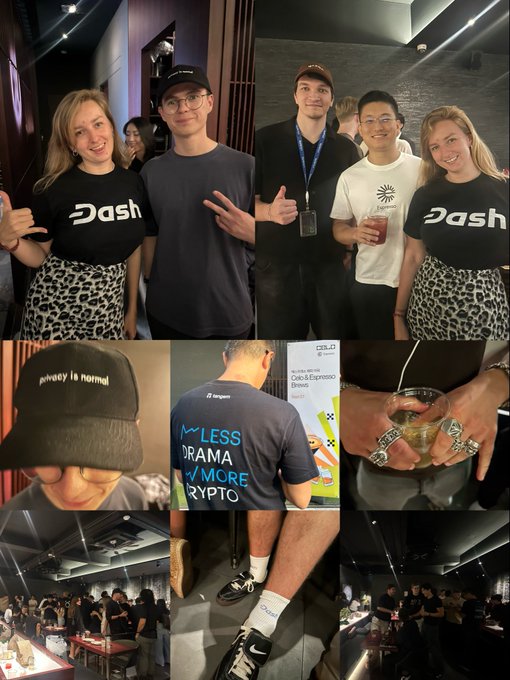 A photo collage from a crypto meetup featuring people wearing "Dash" branded shirts, a "money is normal" cap, a "less drama more crypto" t-shirt, championship-style rings, and event venue shots.