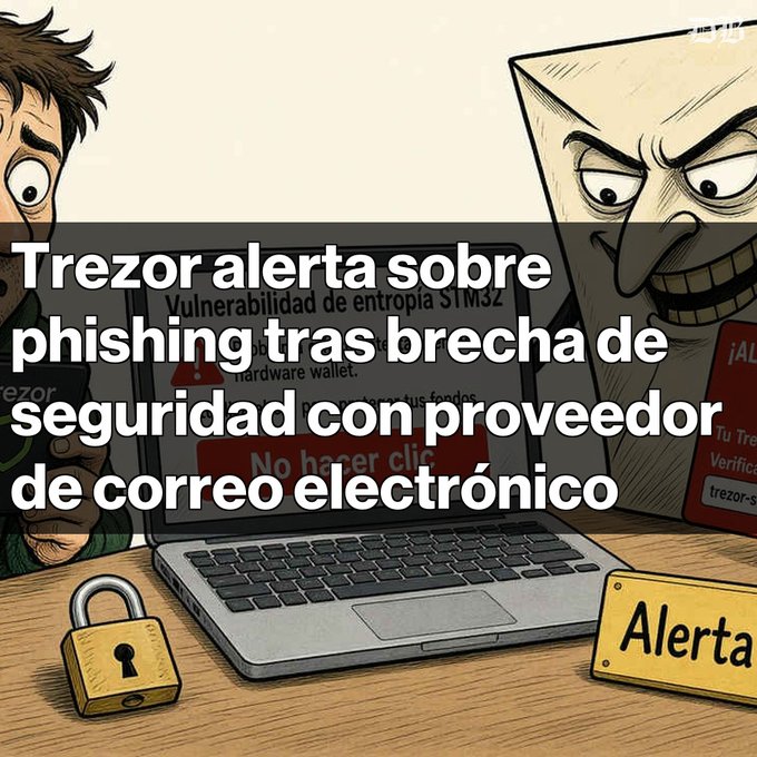 A meme-style graphic featuring cartoon characters reacting to a laptop showing a Trezor warning, with a padlock and an 'Alerta' sign, overlaid with Spanish text: 'Trezor alerta sobre phishing tras brecha de seguridad con proveedor de correo electrónico'.