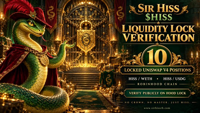 An ornate fantasy-finance promotional poster titled “SIR HISS $HISS LIQUIDITY LOCK VERIFICATION,” featuring a crowned snake in a vault-like setting. It lists “10 LOCKED UNISWAP V4 POSITIONS,” “HISS / WETH,” “HISS / USDG,” “ROBINHOOD CHAIN,” “VERIFY PUBLICLY ON HOOD LOCK,” and “www.sirhissh.com.”