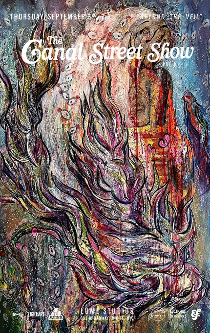A vibrant, psychedelic concert poster for "The Canal Street Show Vol. 8" on Thursday, September 5th, featuring an archway labeled "BEHIND THE VEIL" alongside sponsor logos like LUME STUDIOS and NFT NYC, with surreal swirling artwork fitting the post's Times Square and NFT NYC themes.