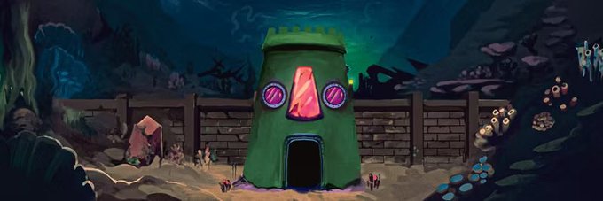 2D animated scene of a green castle-like structure with pink windows and a red door, surrounded by a brick wall in an underwater or fantasy environment with corals and fish.
