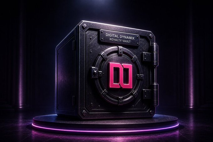 The image features a 3D rendering of a digital vault, with the letters "DD" prominently displayed on its surface. The vault appears to be black and metallic, giving it an industrial look. It's situated on a platform that has purple lights surrounding it, creating a futuristic atmosphere. The background is dark, which further emphasizes the vault as the main focus of the image. In the corner of the image, there are some text elements related to the Digital Dynamix ecosystem, such as "DigitalDynamix Royalty Vault" and "Don't sleep on the @_DigitalDynami".