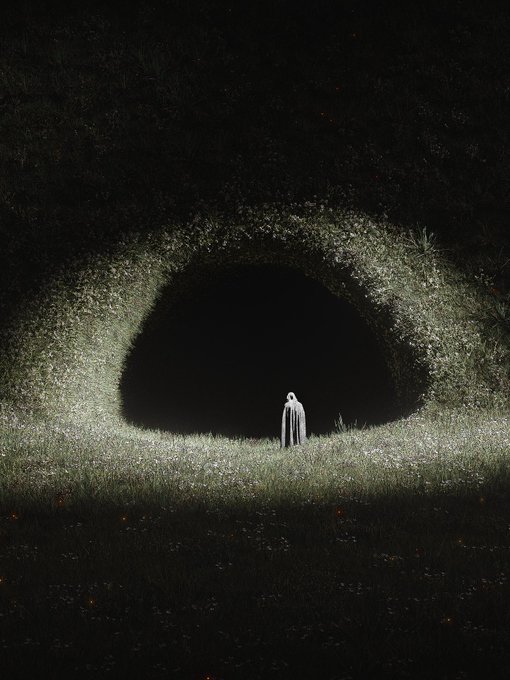 A solitary cloaked figure stands before a dark, cave-like opening illuminated in a grassy field, evoking a sense of mystery and threshold. The image visually reinforces the "Point of No Return" theme, symbolizing the pivotal moment with one hour remaining and @CryptoLeszto leading.