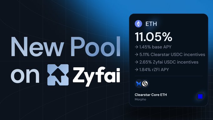 A promotional graphic announces a 'New Pool on Zyfai' for ETH, showing 11.05% yield broken down into base APY, Clearstar USDC incentives, Zyfai USDC incentives, and rZFI APY for Clearstar Core ETH on Morpho.