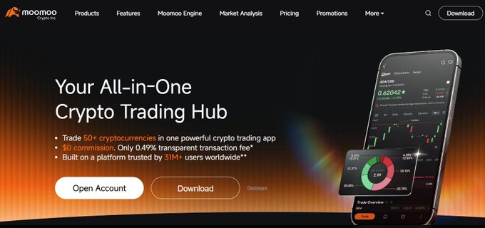 A promotional webpage for 'moomoo' cryptocurrency trading platform with the headline 'Your All-in-One Crypto Trading Hub,' advertising 50+ cryptocurrencies, $0 commission, and 31M+ users worldwide.