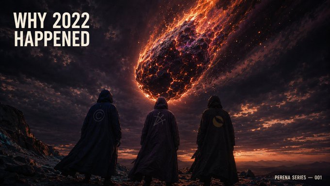 This dramatic image depicts three figures looking up at a fiery meteor, titled "WHY 2022 HAPPENED." The figures' cloaks bear symbols that relate to the crypto collapses of 2022 mentioned in the post.