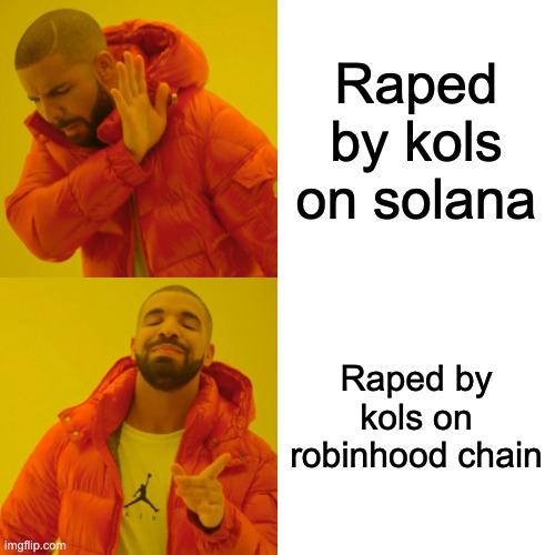 A Drake "drakeposting" meme with two panels: the top shows him rejecting "Raped by kols on solana," while the bottom shows him approving "Raped by kols on robinhood chain," humorously highlighting the post's point about Lexapro bundling on Solana versus alternatives like Robinhood Chain.