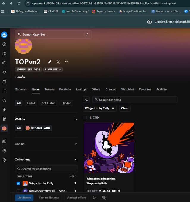 OpenSea profile page for the TOPvn2 collection (joined Sep 2025, 1 wallet), filtered to the 'Wingston by Rally' collection, showing 1 item titled 'Wingston is hatching' with a top offer of 0.0151 WETH.