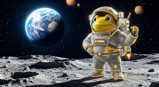 A 3D illustration depicts an anthropomorphic frog wearing a white and gold spacesuit with 'TURBO' on the chest, standing on a lunar surface with Earth and planets in the background.
