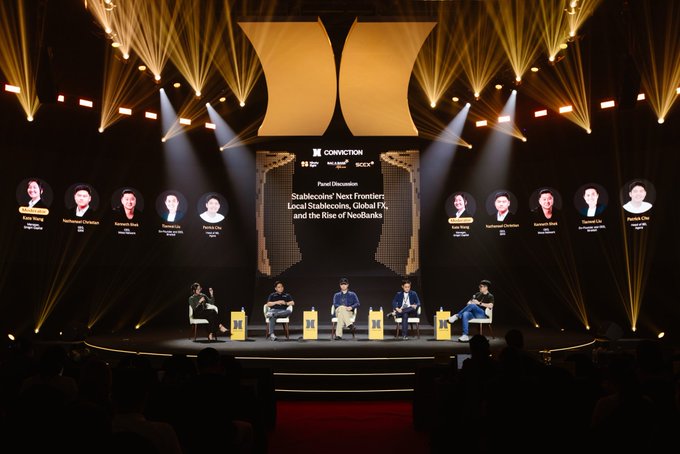 A panel discussion at the Conviction Vietnam conference titled "Stablecoins' Next Frontier: Local Stablecoins, Global FX, and the Rise of Neobanks," featuring speakers including KC Yeoh, Nathanael Christian, Kenneth Bok, Tyler Ward, and Patrick Chen seated on stage under dramatic lighting. The image captures the panel moments referenced in the post, where the CEO of a participating company joined others to discuss emerging opportunities in local stablecoins and neo-banking rails.