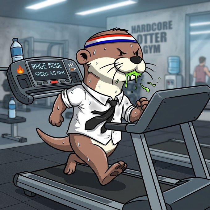 A cartoon illustration of an exhausted otter wearing a headband and white shirt with a tie, running intensely on a treadmill in 'RAGE MODE' at 9.5 MPH, sweating profusely with green drool coming from its mouth.