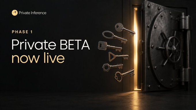 Dark promotional banner reading "Private Inference - PHASE 1 - Private BETA now live" showing keys floating before a massive vault door.