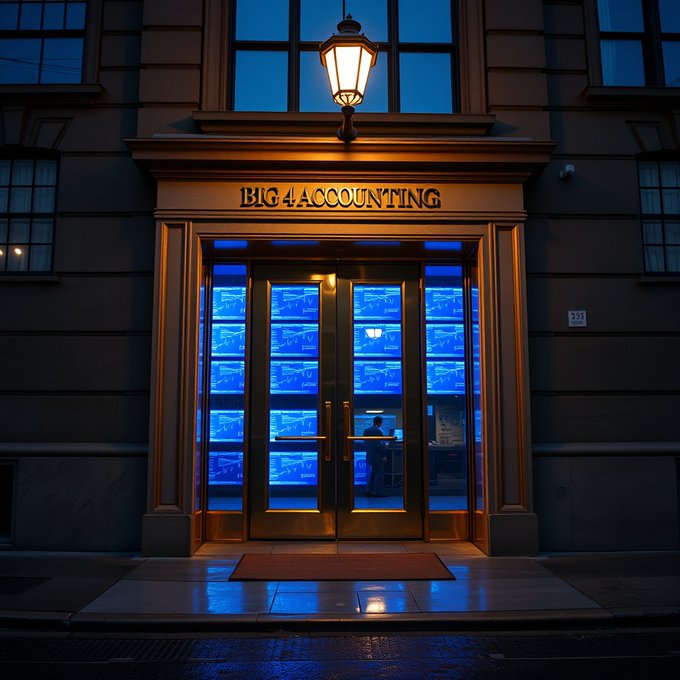 urns of light on a building's facade, with the words "BIG 4 Accounting" and "Big 4 Accounting" displayed above the entrance.
