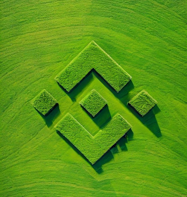 A vibrant green geometric logo featuring a diamond-shaped emblem with the Binance (币安) cryptocurrency exchange symbol, surrounded by lush grass, symbolizing the optimistic sentiment behind the message "GM新的一周，期待更多绿意！" (Good morning on a new week, looking forward to more greenery!). The grassy landscape visually reinforces the idea of growth and prosperity in the crypto market.