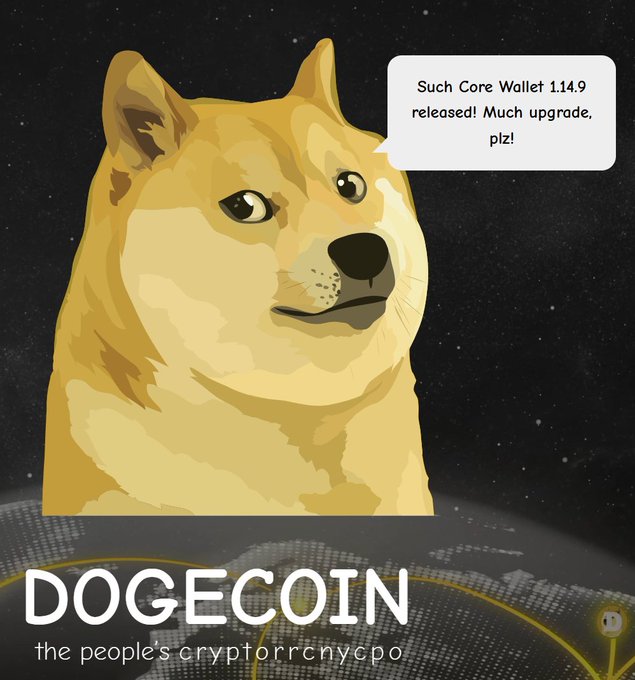 A promotional image for Dogecoin featuring the iconic Shiba Inu dog with a speech bubble reading 'Such Core Wallet 1.14.9 released! Much upgrade, plz!' above the text 'DOGECOIN the peoples cryptocurrencyncpo'.