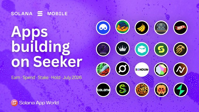 A promotional graphic for "Solana Mobile" featuring the headline "Apps building on Seeker" alongside various app icons, with the text "Earn · Spend · Stake · Hold · July 2026" and "Solana App World" branding on a purple background. The image ties into the post by highlighting the Solana ecosystem's gaming and mobile app partnerships, relevant to the Gold Rush season and Solana gaming promotion mentioned.