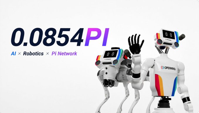 Two white humanoid robots from "OpenMind" stand alongside the text "0.0854 PI" and the tagline "AI × Robotics × Pi Network," visually representing the technical partnership where robots leverage Pi nodes for computing power and AI agents use Pi for payments.