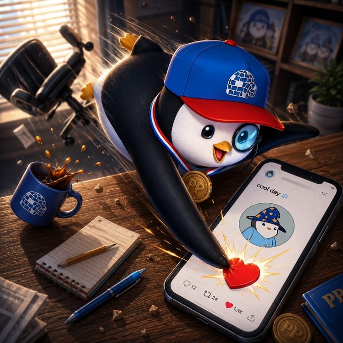 A dynamic 3D-rendered image of a penguin character wearing a blue and red cap with a globe logo, jumping dramatically onto a phone showing a social media post 'cool day' with a heart reaction, surrounded by a coffee mug, notebook, pen, and gold coins marked 'PP'.