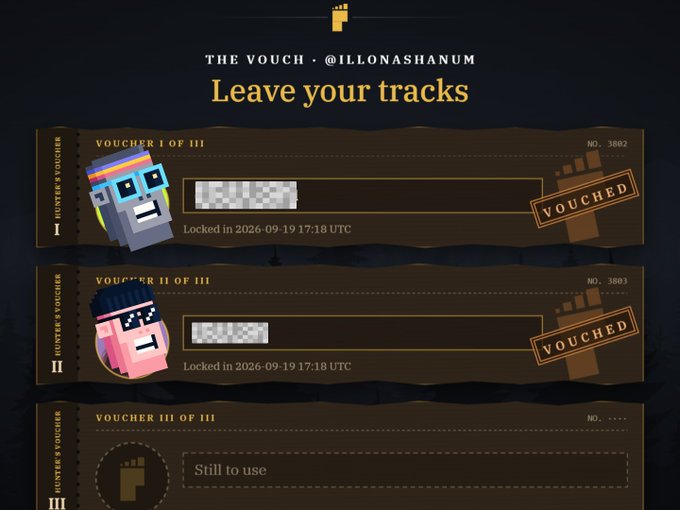 'The Vouch' interface for @illonashanum titled 'Leave your tracks', displaying two used ('VOUCHED') vouchers and one unused ('Still to use') voucher, with two locked at 2026-09-19 17:18 UTC.