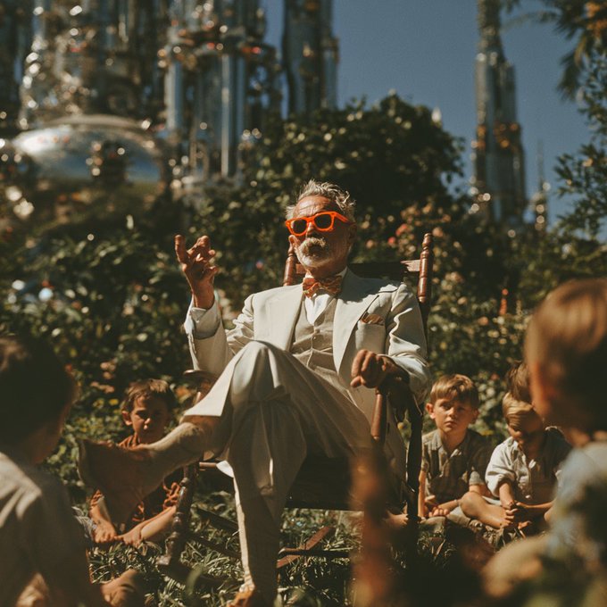 A distinguished older man with a white beard, wearing bright orange sunglasses and a cream-colored suit, sits in a chair addressing a captivated audience of young children seated on the grass, while towering futuristic spires loom in the background. The scene perfectly captures the post's nostalgic vision of an eccentric grandfather or great-grandfather recounting how past generations harnessed natural disorder, his theatrical storytelling pose conveying wisdom passed down across generations in a world where humanity now builds among the clouds.