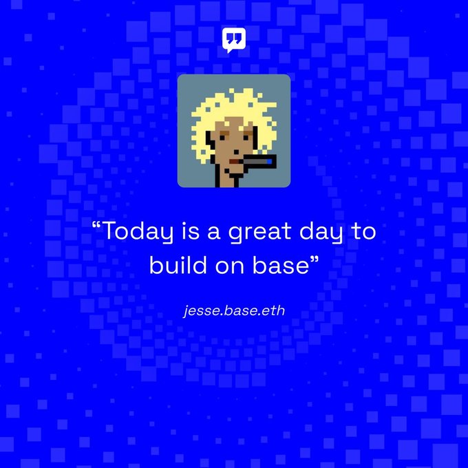 A pixel-art profile card on a blue background showing a blonde character smoking, with the quote 'Today is a great day to build on base' attributed to jesse.base.eth, with a Twitch icon above.