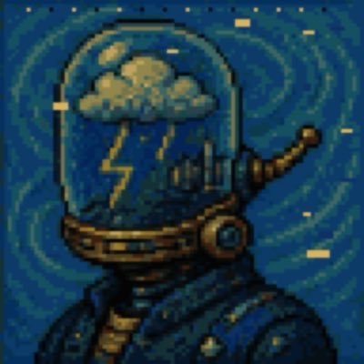 A pixel art illustration of a character wearing a space suit and a glass helmet filled with storm clouds and lightning, set against a swirling blue background.