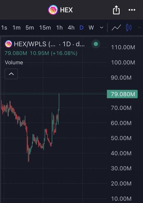 A daily HEX/WPLS chart shows a sharp V-shaped recovery, with the price climbing 16.08% to 79.080M from a low around 35M, visually capturing the "perfect bottom" referenced in the caption.