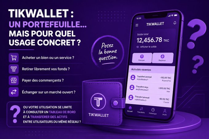 A French-language promotional graphic for Tikwallet posing the question "Un portefeuille... mais pour quel usage concret ?" (A wallet... but for what practical use?), featuring a smartphone displaying a balance of 12,456.78 TKC alongside options to buy goods, withdraw funds, pay merchants, and trade on an open market. The visual directly illustrates the accompanying post's inquiry about the wallet's real-world utility beyond merely viewing a dashboard and transferring assets between network users.
