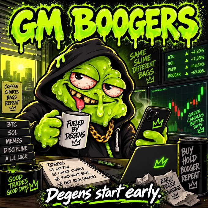 A cartoon illustration shows a green slime character in a hoodie holding a 'Fueled by Degens' mug, with the text 'GM BOOGERS' and 'Degens start early,' alongside crypto tickers BTC, SOL, PEPE, and BOOGER showing green percentage gains.