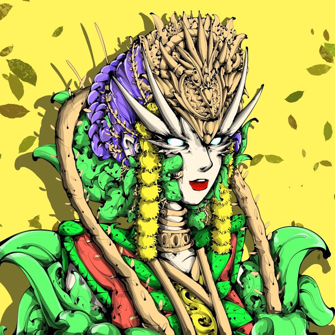 A stylized digital illustration of a regal female character with an elaborate horned crown, green and yellow textured hair, and ornate armor against a yellow background.