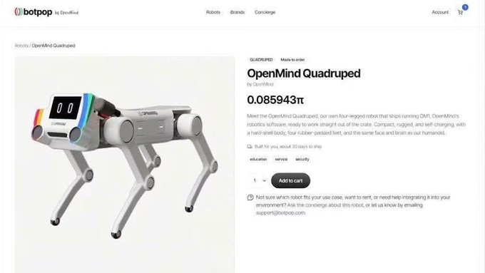 An e-commerce product page on 'botopop' featuring the 'OpenMind Quadruped' robot by 'QuadMod' priced at '0.085943π', described as a four-legged robot running OMT.