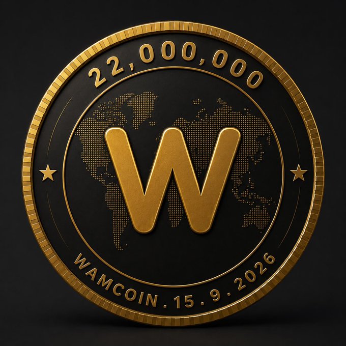 A gold and black commemorative coin labeled 'WAMCOIN. 15.9.2026' with a large 'W' in the center and '22,000,000' inscribed at the top.
