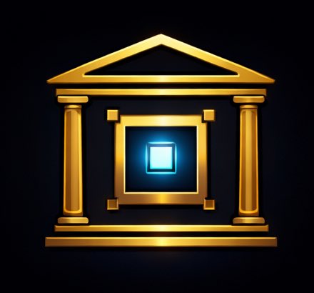 A golden, classical building icon resembling a museum or temple with columns and a triangular pediment frames a glowing blue cube at its center against a dark background.
