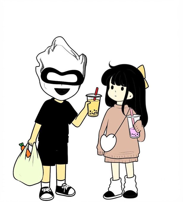 Two cartoon characters share bubble tea drinks—one wearing a black shirt and a mask with a flame-like top holding a grocery bag, the other a girl in a pink sweater with a heart-shaped crossbody bag. The whimsical, playful image of two friends enjoying drinks together evokes a sense of community and connection, mirroring the post's message about blockchain moving beyond the false choice between decentralization and scalability toward a more inclusive, unified future.