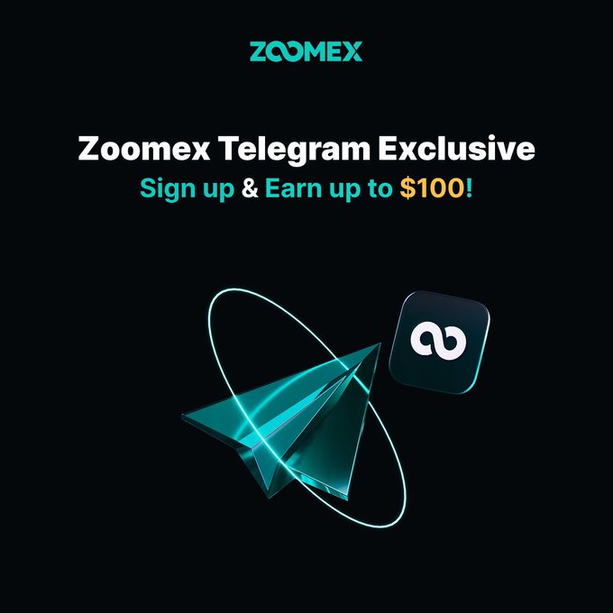 The image features a blue paper airplane with a white circle on top, which appears to be a reward for joining the Zoomex Telegram exclusive group. The text "New User Exclusive Reward Join Zoomex and receive up to 100 USDT in Position Vouchers!" encourages users to join the exclusive group by promising them position vouchers worth 10 dollars each if they sign up within the next ten days.