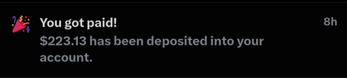 A notification reading "You got paid! $223.13 has been deposited into your account" appears in a smartphone screenshot. The image relates to the post by illustrating a payout from X (formerly Twitter), highlighting that the user earned over $200 despite reduced activity, with a playful note to Elon Musk.